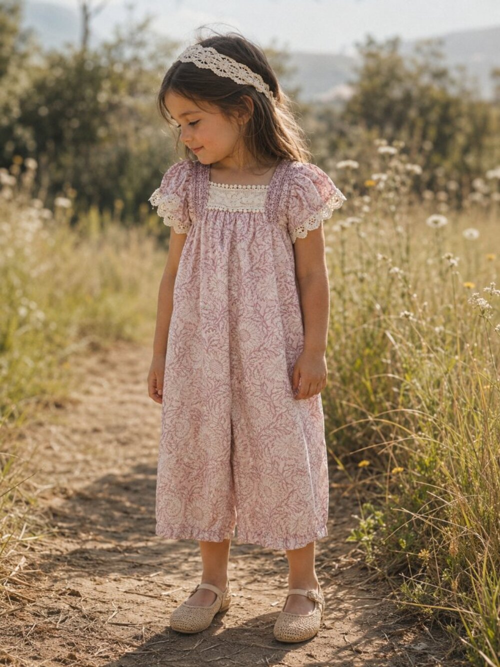 LOUISE MISHA 100% Cotton Irene Overalls Pink Daisy Garden Cottagecore